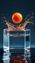 Orange Sphere Dropping into a Glass Cube of Water Creating a Dynamic Splash Against a Dark Backdrop Royalty Free Stock Photo