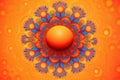 An orange sphere surrounded by blue and orange flowers. Generative AI image. Royalty Free Stock Photo