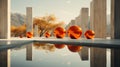 Orange spheres on a surface with water