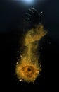 Orange spices powder explosion, flying pepper on black background. Freeze motion photo Royalty Free Stock Photo