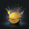 Half orange hits water with a splash. Counterlight on black background, split frame. AI generative illustration