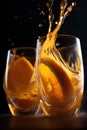 Orange splashing into a glass of water on a black background. Royalty Free Stock Photo