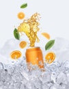 Orange splashing out of aluminum can and falling juicy oranges with ice cubes background
