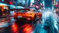 Orange sport car on the road in the city at night with motion blur Royalty Free Stock Photo