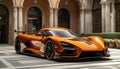 Orange Sports Car Parked in Front of Building