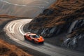 An orange sports car zooms down a winding mountain road amidst scenic surroundings, A luxurious sports car on a spiral uphill road
