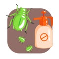 Orange sprayer bottle of green longhorn beetle insecticide. Colorful cartoon illustration