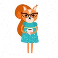 Orange squirrel girl in a blue dress with a yellow belt and glasses, squirrel is holding a cup of coffe.