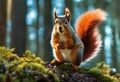 an orange squirrel sitting on top of a tree trunk in the forest Royalty Free Stock Photo