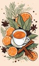 Orange, star anise and cinnamon vector background