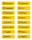 Orange stickers with names and icons of school subjects Royalty Free Stock Photo