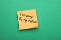 Orange sticky note with phrase I Am Sorry, It\'s My Mistake on green background, top view Royalty Free Stock Photo