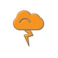 Orange Storm icon isolated on white background. Cloud and lightning sign. Weather icon of storm. Vector Illustration