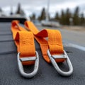 Orange straps with metal hooks on a vehicle ready for use. Royalty Free Stock Photo
