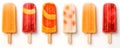 Orange and strawberry popsicles isolated on a plain white background. Concept Fruit Popsicles, Summer Treats, Citrus Refreshment, Royalty Free Stock Photo