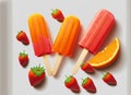 Orange and strawberry popsicles isolated on white background. Generative AI Royalty Free Stock Photo