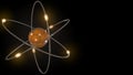 Orange stylized atom and electron orbits. Scientific backdrop with free space for inscriptions. Nuclear, physics, atomic