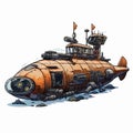 Gothic Steampunk Orange Submarine: Highly Detailed Illustration With Adventure Pulp Vibes