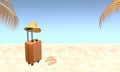 Orange suitcase with hat, sunglasses, slipper on beach