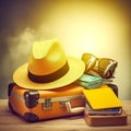 Orange suitcase, sunglasses and straw hat on wooden boards against yellow background, travel concept. Created with generative AI