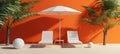 An orange summer background with two beach chairs with parasols in 3D Royalty Free Stock Photo