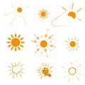 Orange Sun icons. The sun sets straight, florid and twisted rays on white background