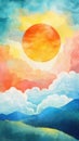 Orange sun setting amidst fluffy clouds with a surreal colorful sky Royalty Free Stock Photo