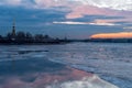 Orange sunrise over the Neva river and the Peter and Paul fortress Royalty Free Stock Photo