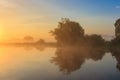 Orange sunrise over river surface with fog in early summer morning. River landscape Royalty Free Stock Photo