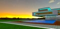 Orange sunset behind the advanced estate with turquoise illumination. Glowing pool surface. 3d rendering