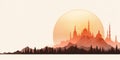 Orange sunset behind distant mountains and ancient architecture, silhouetted trees in foreground, serene Eastern landscape. Royalty Free Stock Photo