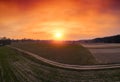 Orange sunset in the countryside. Aerial view Royalty Free Stock Photo