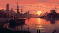 Sunset Colored Landscape In City Scene: Detailed Ship Sails And Dutch Tradition