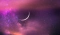 Orange sunset and moon on lilac blue starry night dramatic clouds nebula universe