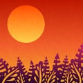 Orange sunset. Nice gradient background. Big sun. Background with leaves, sunsets and the departing sun. Tropical, nature, rest.