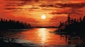 Orange Sunset Painting On The Lake - Simplistic Vector Art