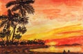 Orange sunset palms ocean watercolor illustration Royalty Free Stock Photo