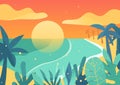 Sunset by the sea. Tropical vector illustration in warm colours. Yellow sun, ocean blue palms, grass, bushes. Cyan waves