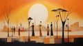 Orange Sunset: A Serene And Harmonious Ndebele Art Painting By Lisa Fyodorova