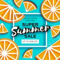 Orange Super Summer Sale Banner in paper cut style. Origami juicy ripe mandarin citrus slices. Healthy food on blue