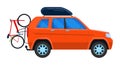 Orange SUV with bike rack and bicycle on white background. Car for adventure travel and outdoor activities vector