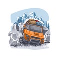 Orange SUV overcomes difficult obstacles in the mountains with luggage on the roof. Can be printed on T-shirts