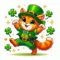 an orange tabby cat, dressed as a leprechaun with a bow tie and vest, dancing a jig surrounded by four leaf clovers Royalty Free Stock Photo