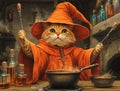 Orange Tabby Cat Wizard Stirring Potion in Rustic Kitchen Royalty Free Stock Photo