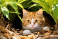 an orange tabby cat is hiding in a hole in the ground