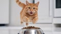 Orange tabby cat mid-action leaping towards camera, ears perked up Royalty Free Stock Photo