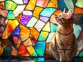 Orange Tabby Cat Sits Before Vibrant Stained Glass Royalty Free Stock Photo