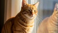 Orange tabby cat sitting by window with white curtains and reflection Royalty Free Stock Photo