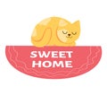 Orange tabby cat sleeping on a red SWEET HOME rug, cute animal resting. Cozy house pet, happy feline illustration