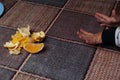 Orange on the table.Child holding a fruit Royalty Free Stock Photo